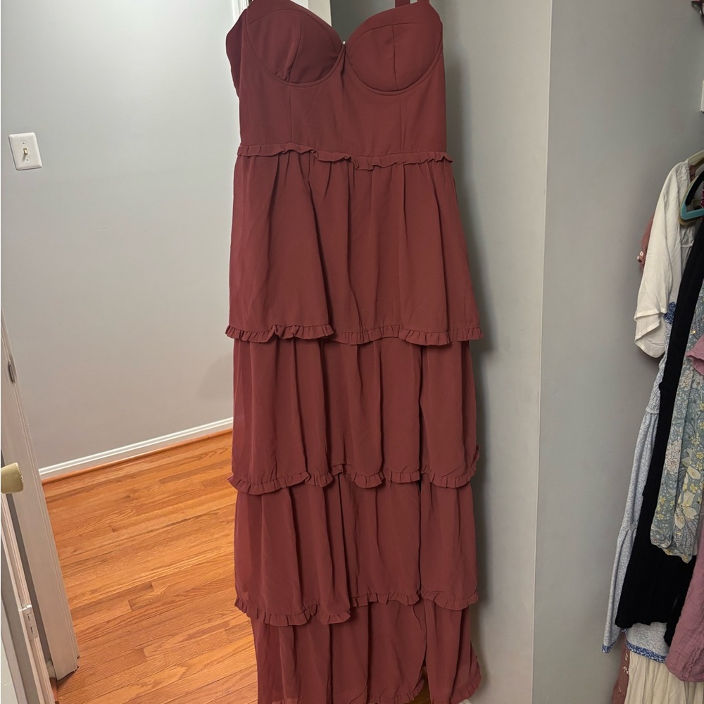 Lulu's sophiscated occassion rusty rose bustier lace up maxi dress
